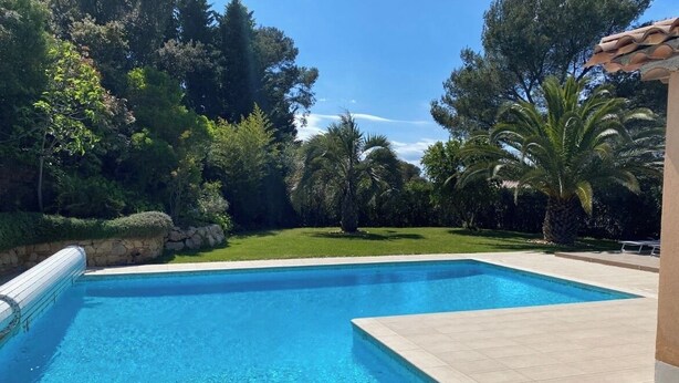 Piscina rectangular con agua azul cristalina, rodeada por un deck con baldosas y abundante vegetación, incluyendo palmeras y arbustos diversos.