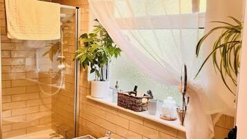 Hair dryer, towels, soap, shampoo