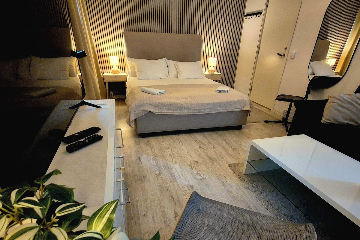 A modern hotel room with a bed, bedside tables, a desk, a chair, and a large potted plant.
