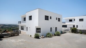 Un edificio moderno de dos pisos con techo plano, ventanas amplias y un patio empedrado con plantas en macetas.
