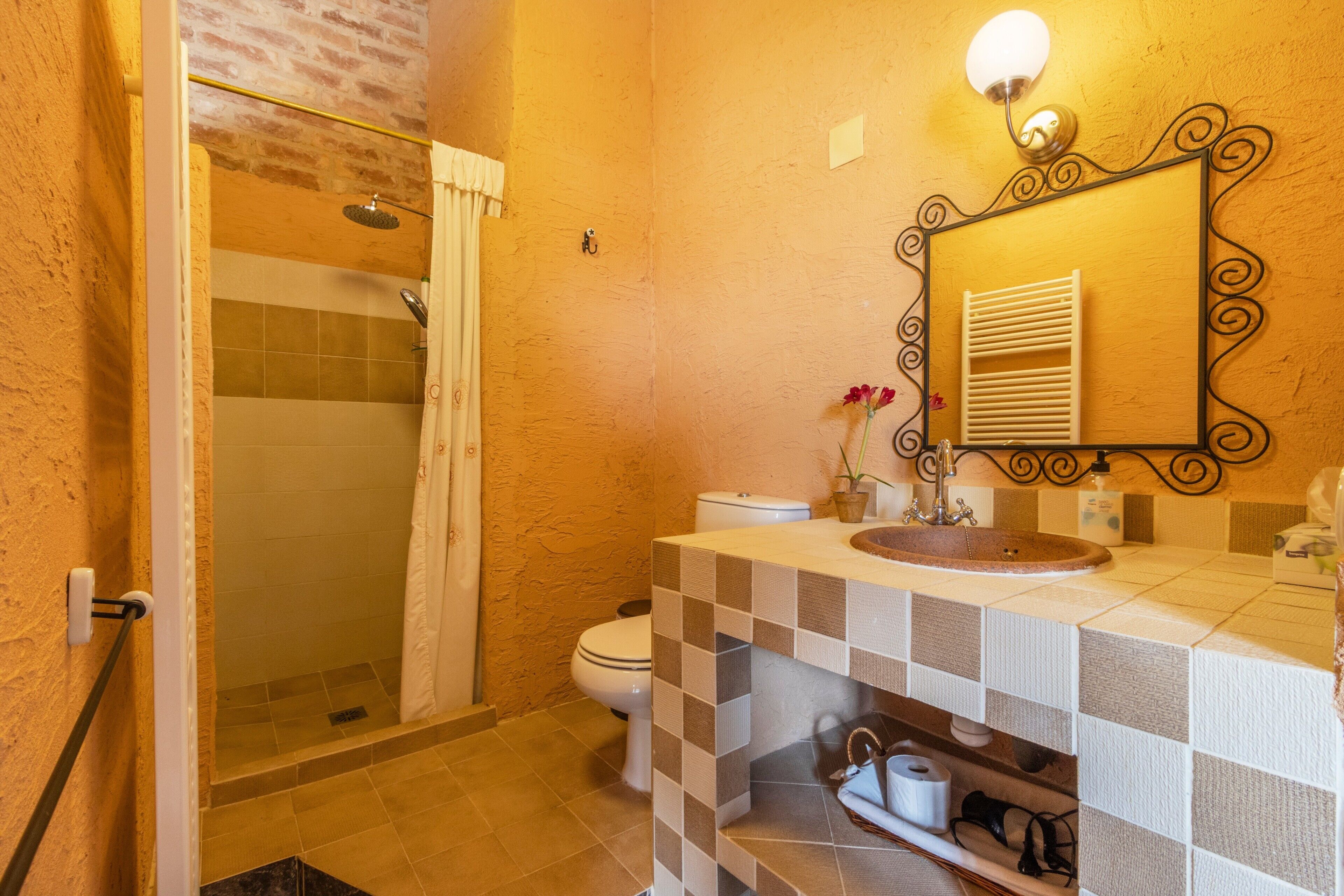 A bathroom with a shower, toilet, sink, and a mirror with a decorative frame.