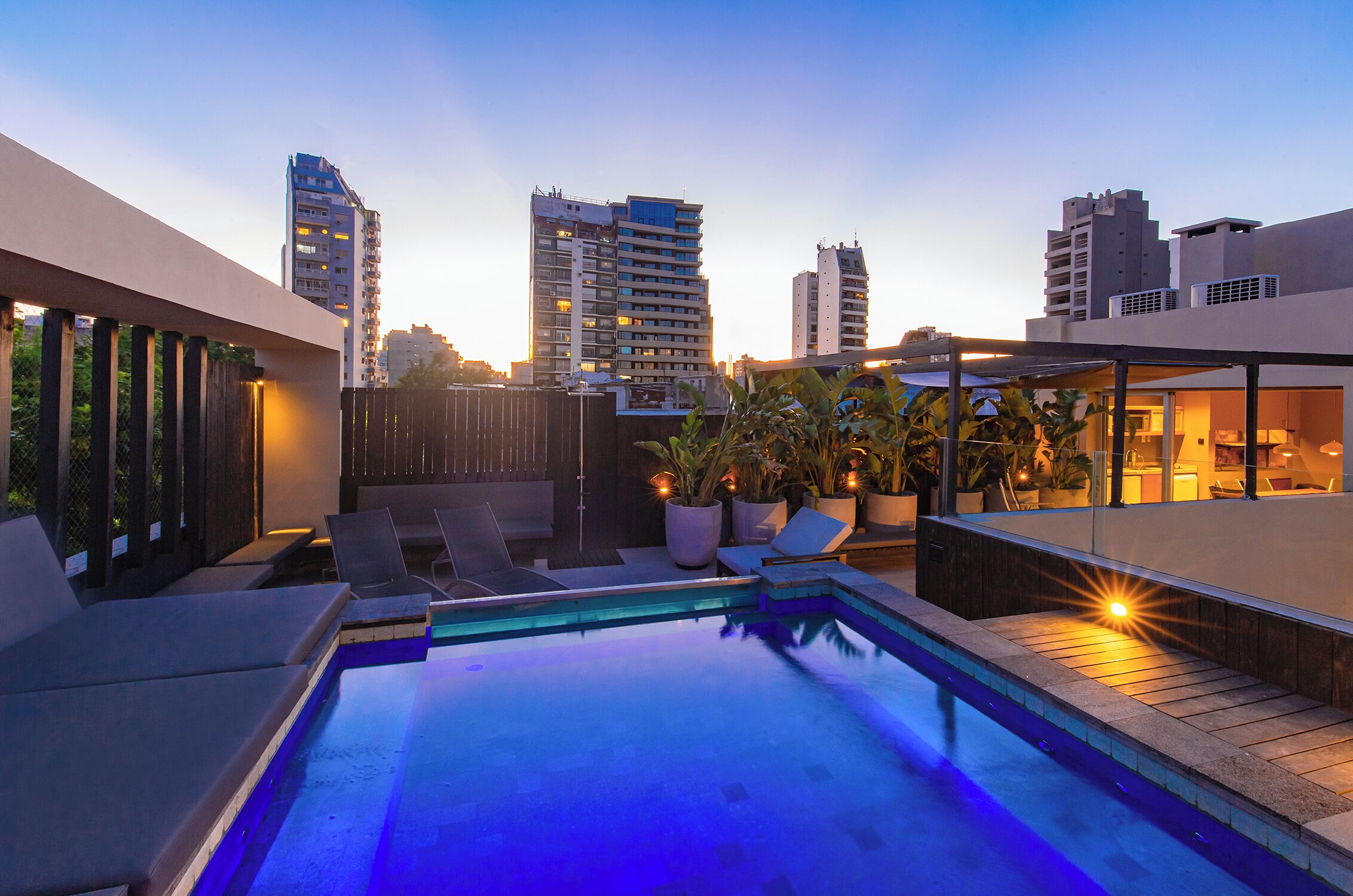 A rooftop pool with lounge chairs and potted plants, surrounded by modern buildings and a clear sky.