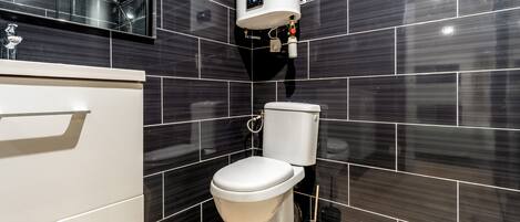 A modern bathroom with a toilet, a sink, and a shower.
