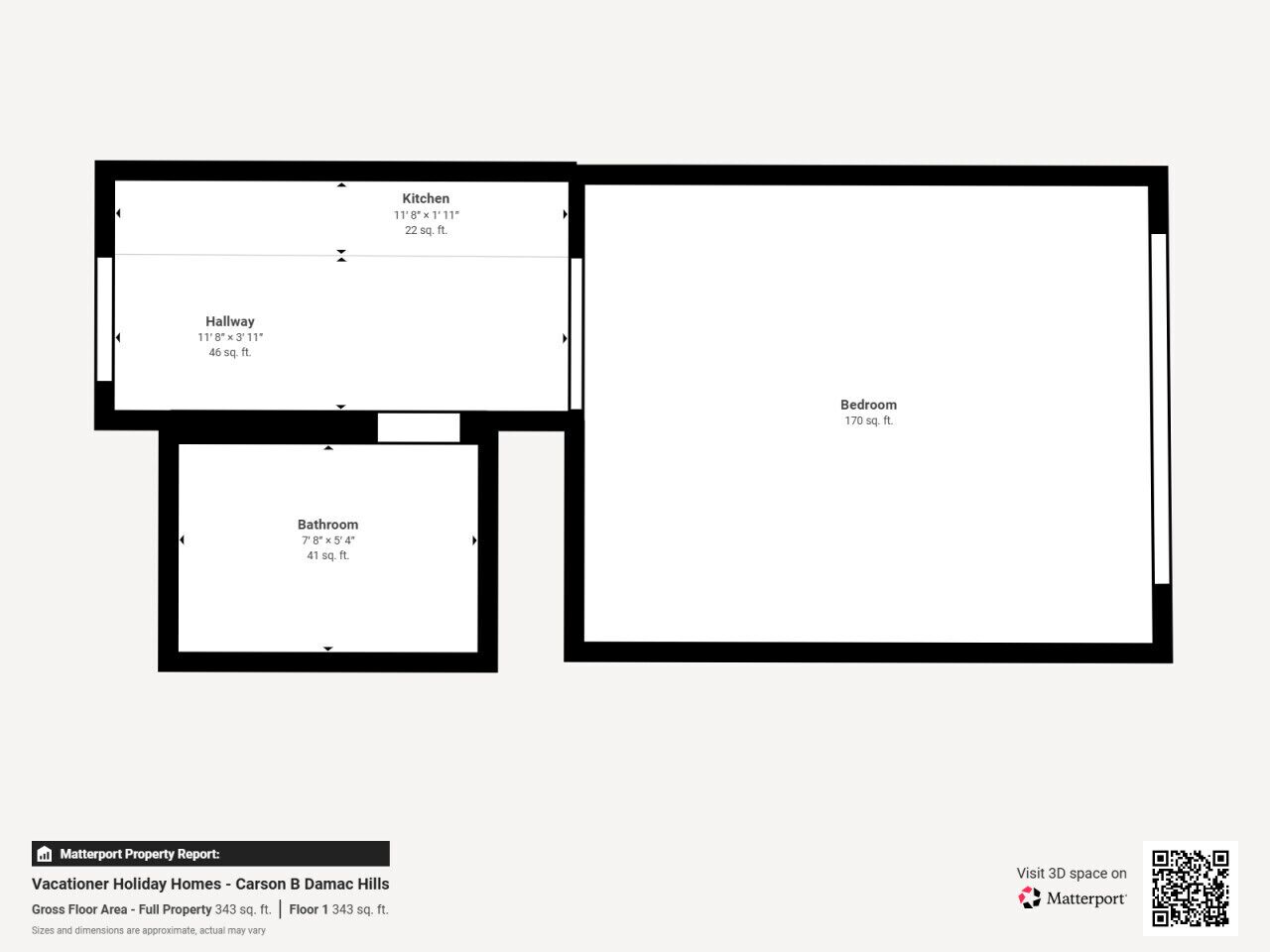 Voici le plan d’une maison de vacances, comprenant une cuisine de 3,56 m x 1,20 m, un couloir de 3,56 m x 1,20 m, une salle de bain de 2,34 m x 1,63 m et une chambre de 15,8 m².