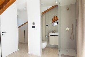 Shower, hair dryer, towels, toilet paper