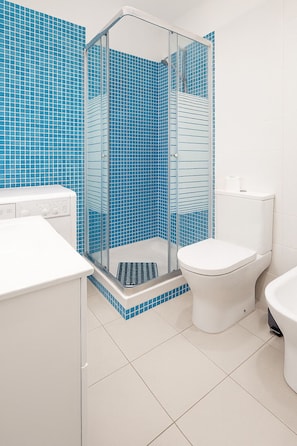 Shower, hair dryer, bidet, towels