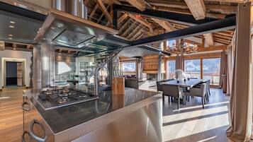 Luxury Chalet, 4 Bedrooms, Balcony, Mountain View | Private kitchen | Espresso maker, electric kettle, toaster, highchair