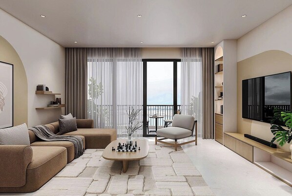 Departamento Grand, 2 habitaciones, balcón, vista a la ciudad | Decoración personalizada, muebles diferentes y escritorio 