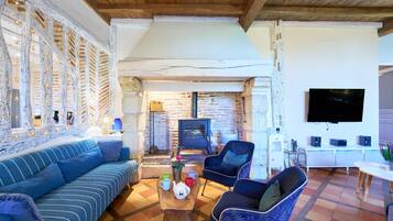 Télévision, cheminée, lecteur de DVD, table de tennis de table