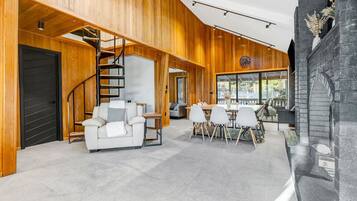 TV, fireplace, foosball