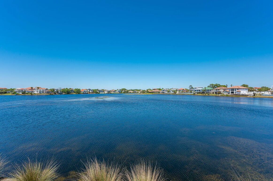 A lake with houses on the shore.