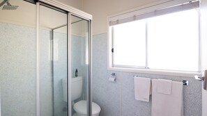 Shower, hair dryer, towels