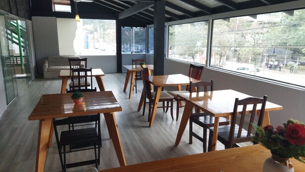 Un comedor moderno con mesas y sillas de madera, ventanas amplias que dan a la calle y una planta en maceta sobre la mesa.