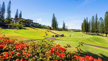 A golf course with a clubhouse, trees, and a clear sky.
