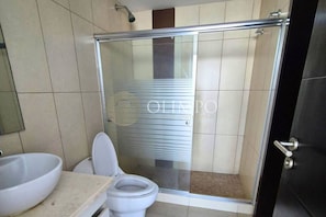 Une salle de bain avec une douche à parois de verre, des toilettes blanches et un lavabo.