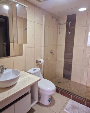 Shower, hair dryer, soap