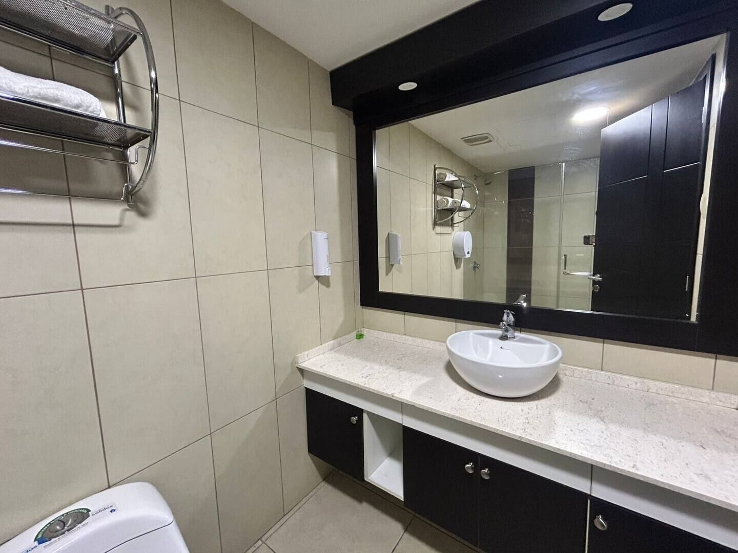 Une salle de bain moderne avec un lavabo blanc, des meubles sombres et un grand miroir.
