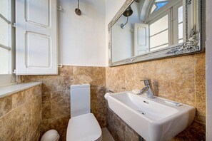 Hair dryer, towels, soap, toilet paper