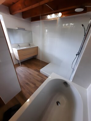 Shower, hair dryer, towels