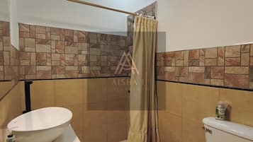 Hair dryer, bidet, towels, soap
