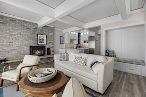 TV, fireplace, books