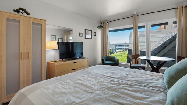 Quarto de hotel com cama, televisão, escrivaninha, cadeira e janela com vista para um edifício e um jardim.