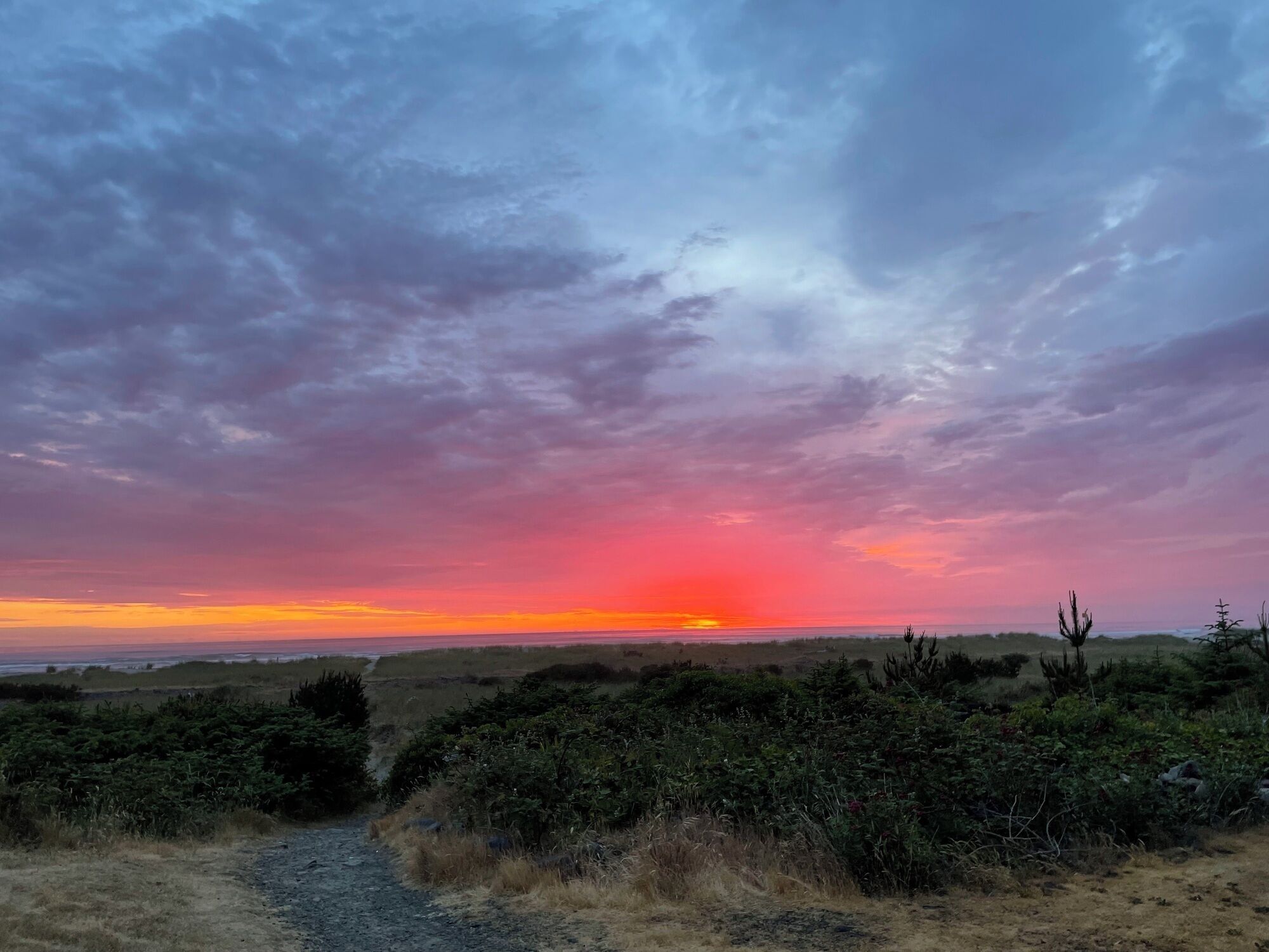 A sunset over a natural landscape with a dirt path.