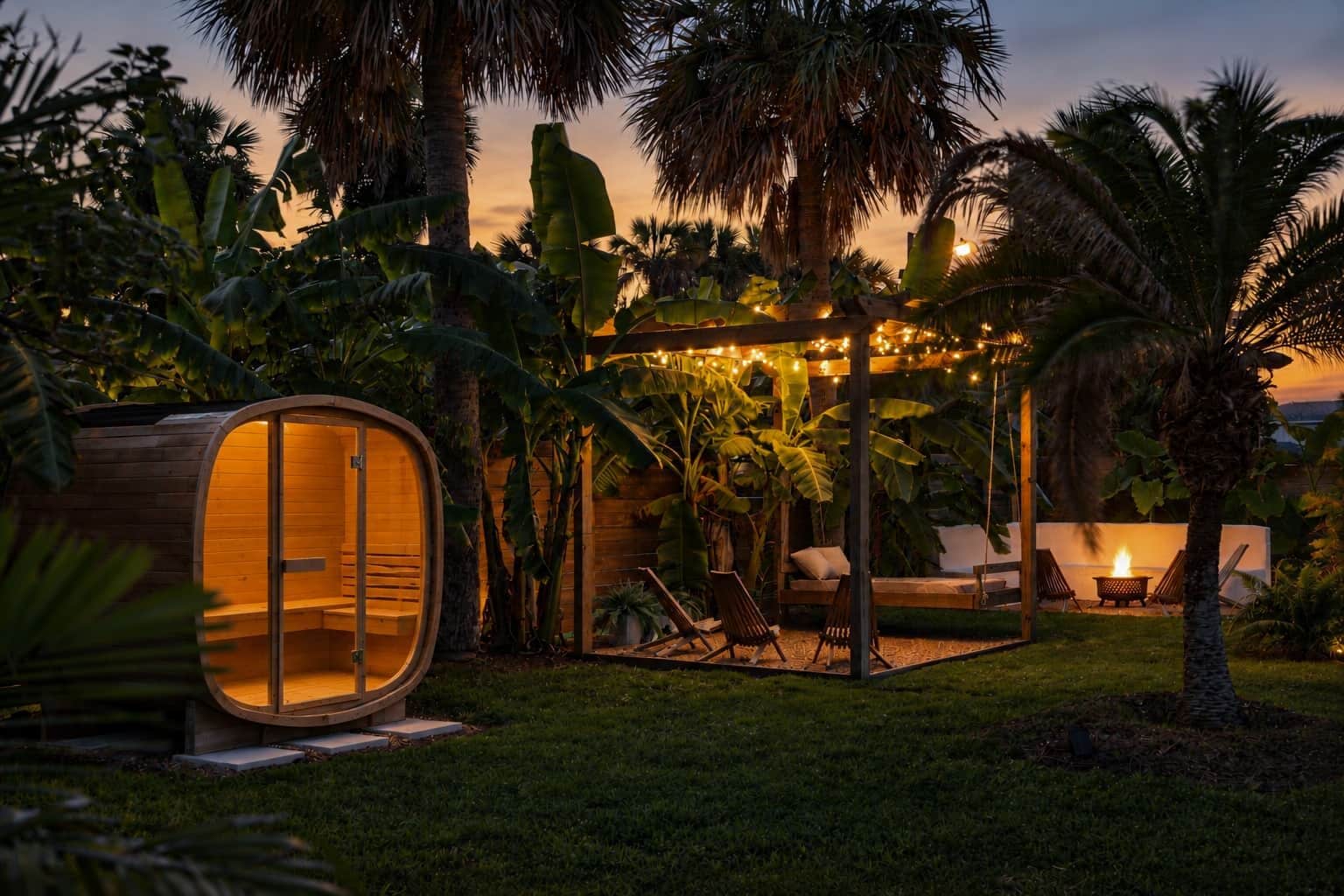 A wooden structure with a glass door, surrounded by lush greenery and a seating area with a fire pit.