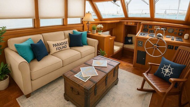 A cozy cabin interior with a sofa, a wooden coffee table, and a captain's chair. - Luxurious 2-bedroom Yacht in enchanting Puerto Peñasco with AC (Puerto Peñasco)