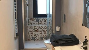 A bathroom with a shower, toilet, and sink. - Sonnino Terrace (Pisa)