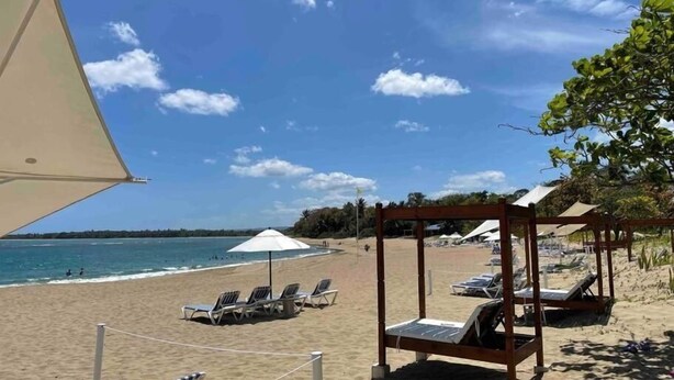 Une plage avec des chaises longues, des parasols et une pergola en bois.