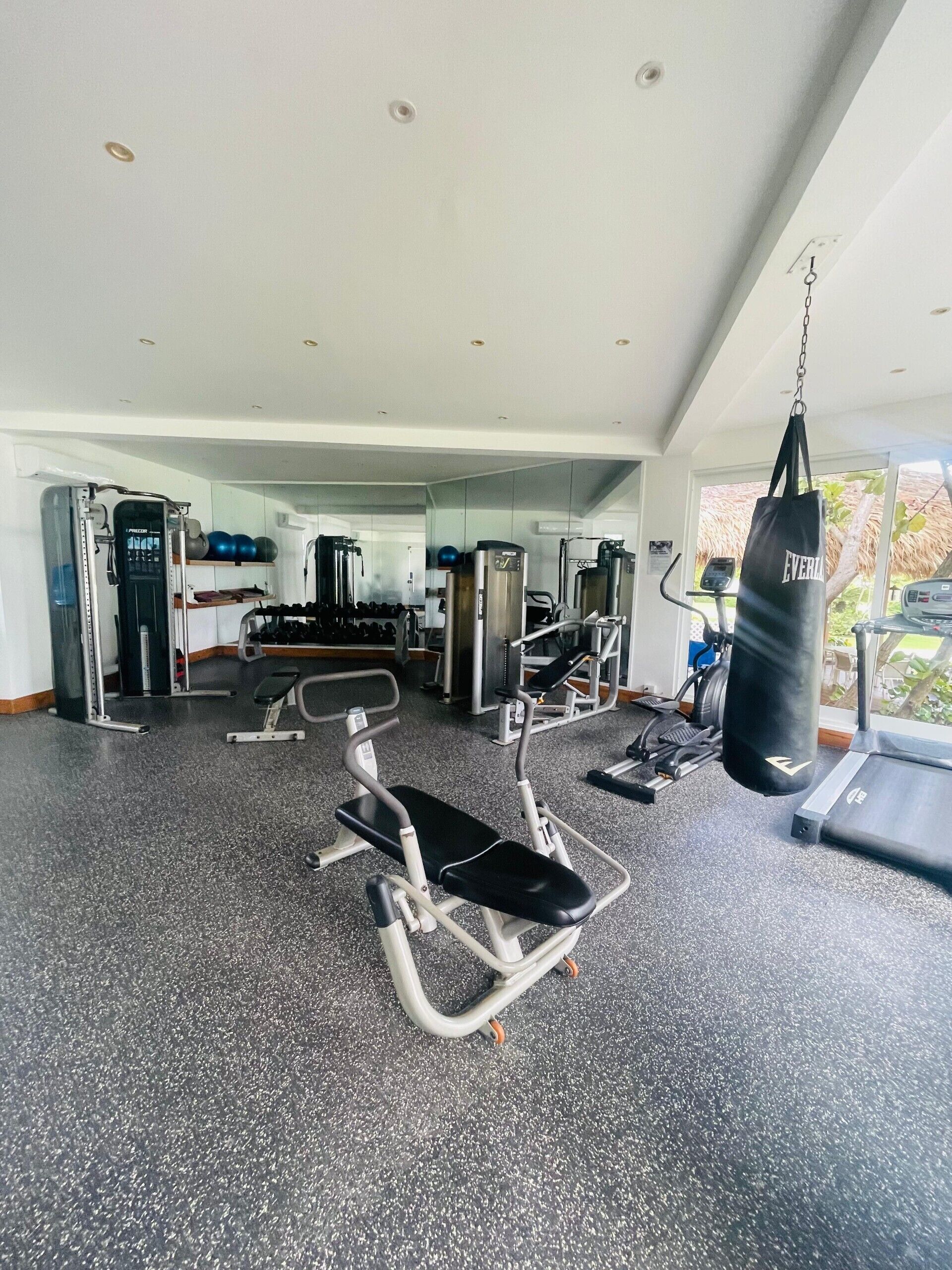 Un gimnasio con diversos equipos de ejercicio, incluyendo un saco de boxeo, máquinas de pesas y una cinta de correr.