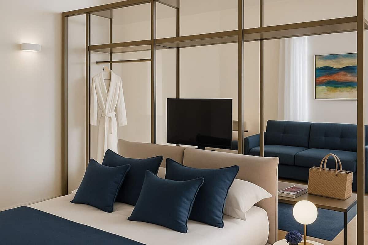 A modern hotel room with a large bed, a TV, a sofa, and a small table with a lamp.