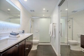 Hair dryer, towels, soap, shampoo