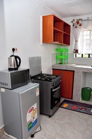 Deluxe Apartment | Private kitchen | Fridge, microwave, cookware/dishes/utensils