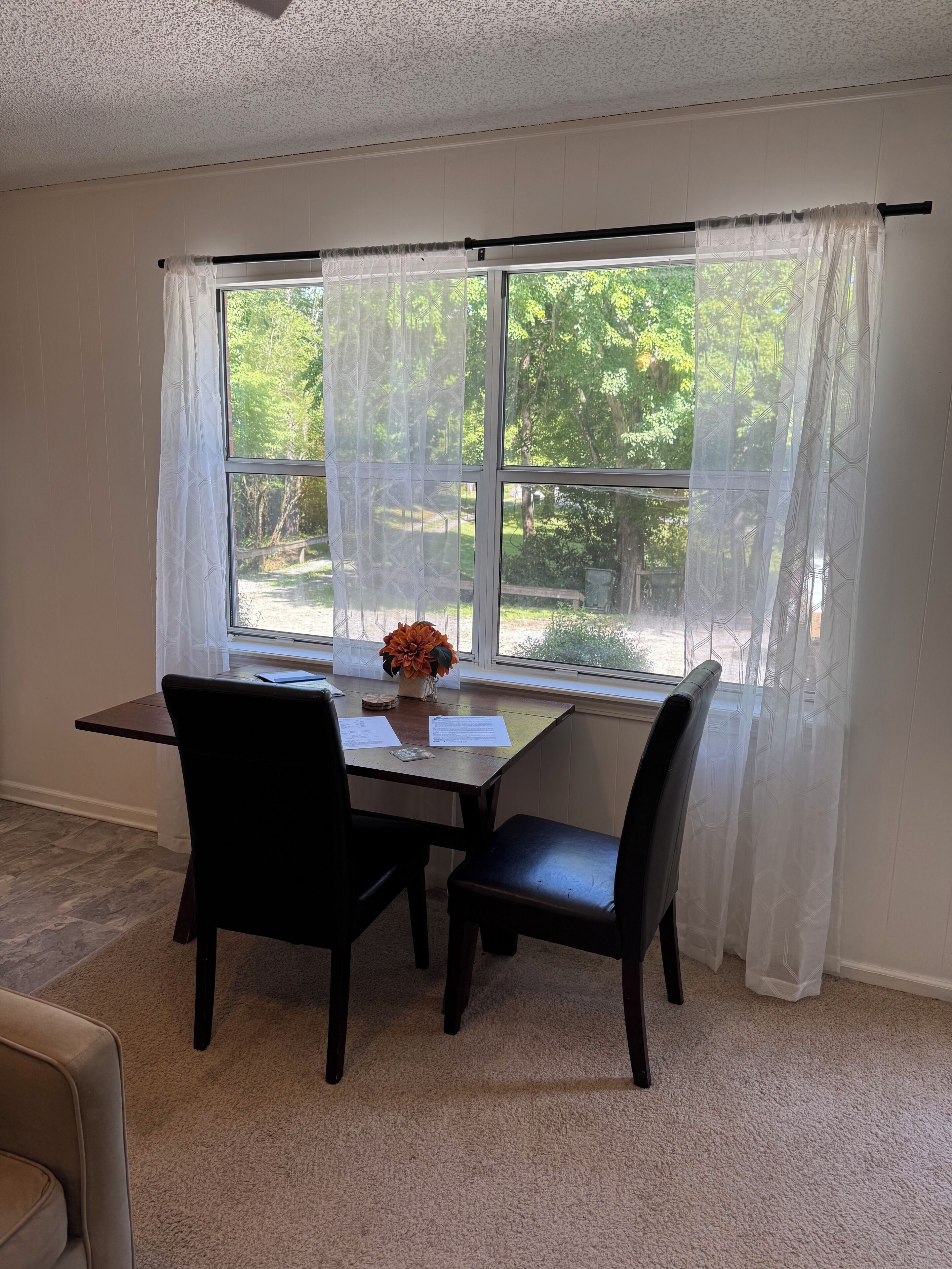 A dining area with a table and chairs, a window with sheer curtains, and a view of greenery outside.