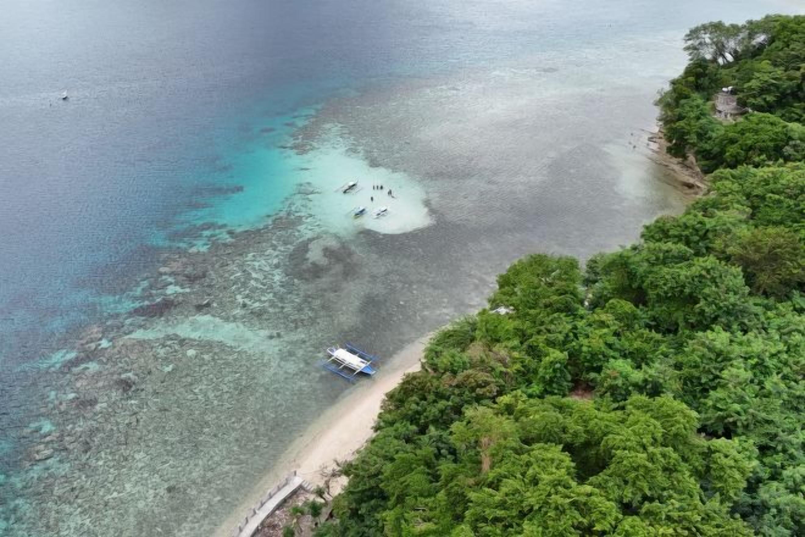 An aerial view of a coastal area with a beach, clear water, and dense greenery.