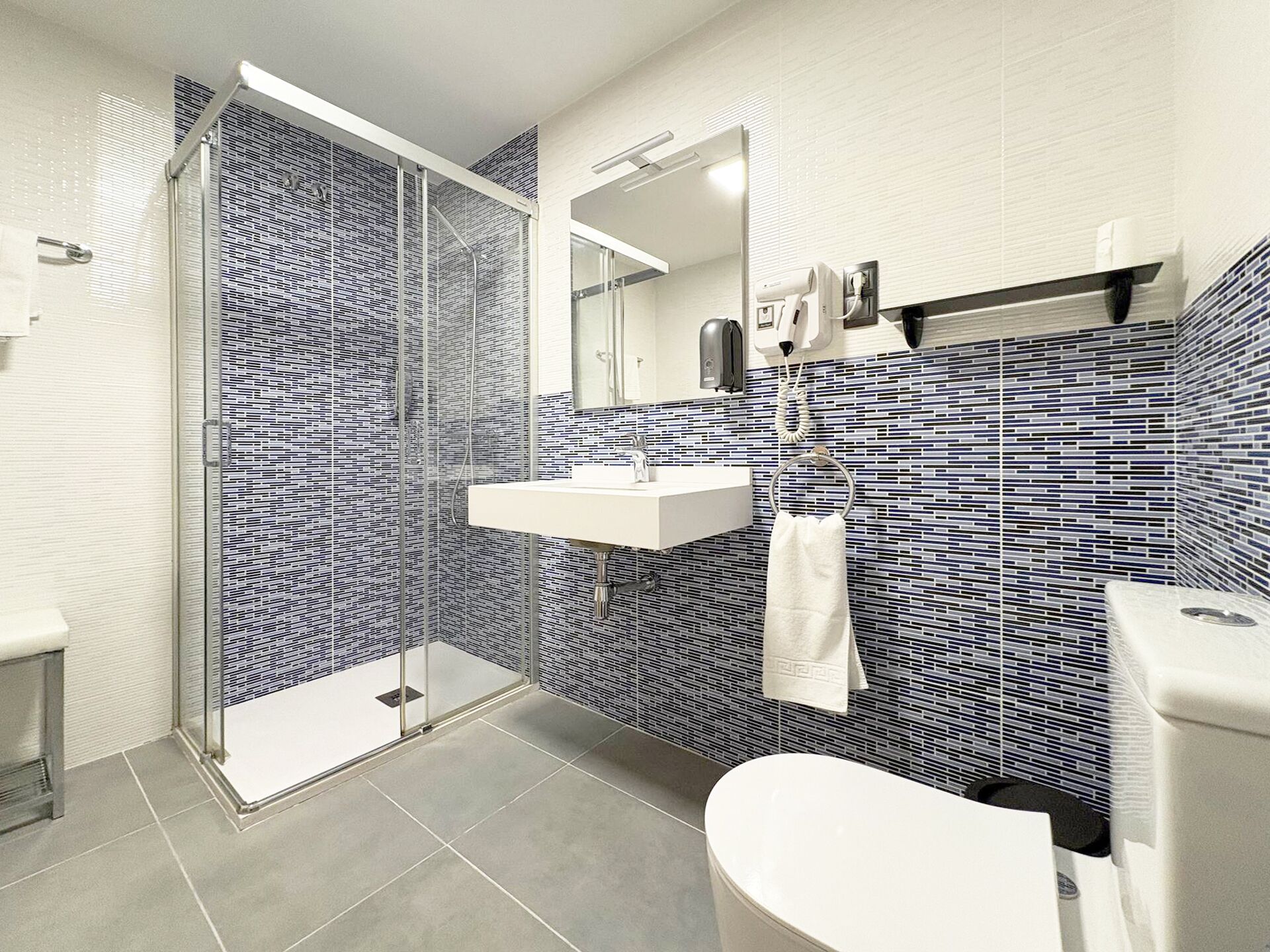 A modern bathroom with a glass-enclosed shower, a white sink, and a toilet.
