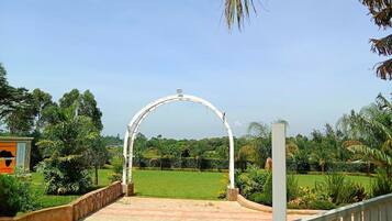 A pathway leading to a white archway in a landscaped garden with greenery and a clear sky.