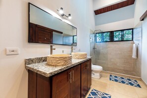 Hair dryer, towels, soap, toilet paper
