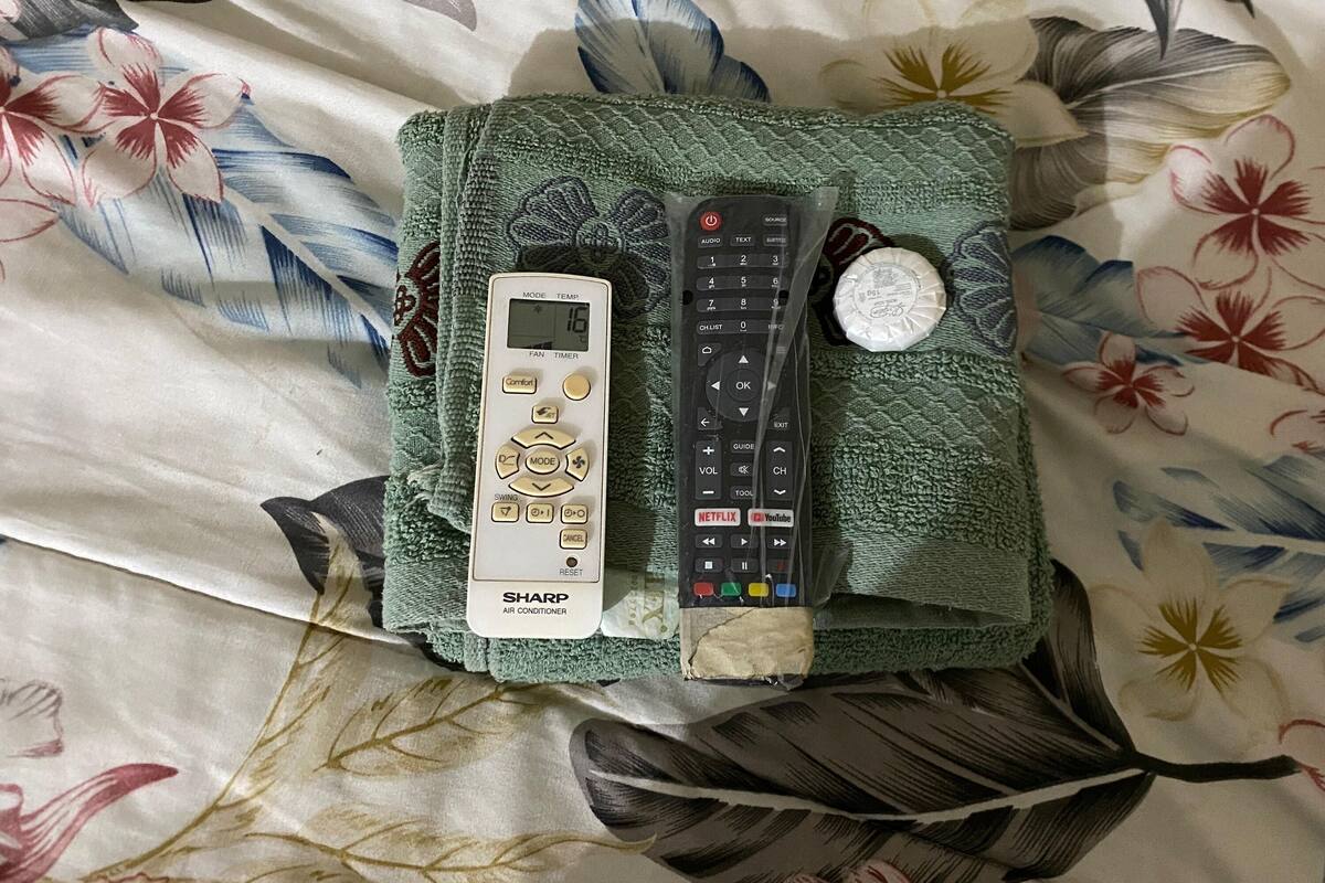 A remote control, a Sharp air conditioner, and a Netflix remote on a green towel.