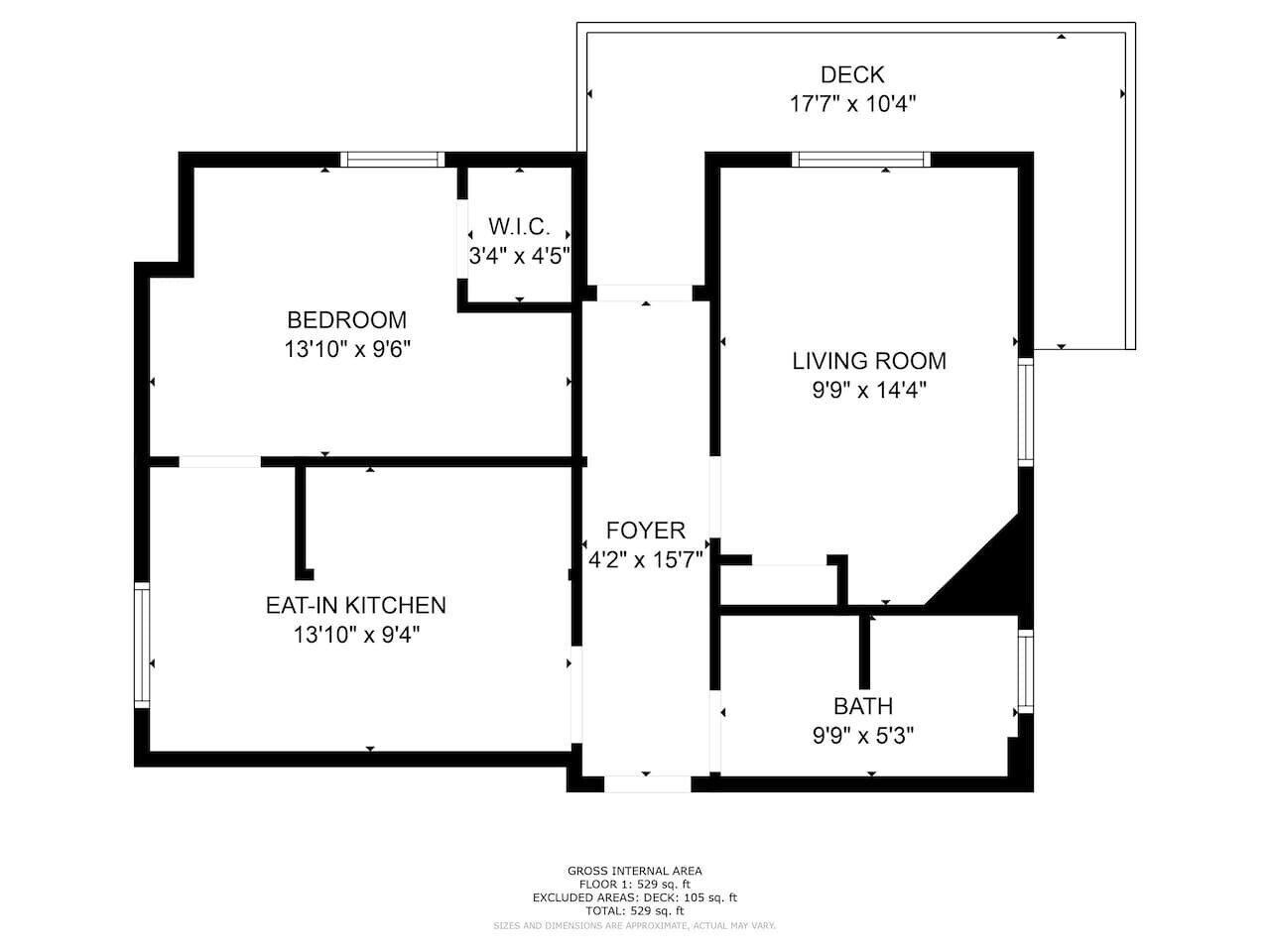 A floor plan of a house with a bedroom, living room, eat-in kitchen, foyer, deck, and bath.