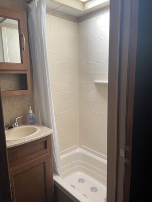 Hair dryer, towels, soap, toilet paper