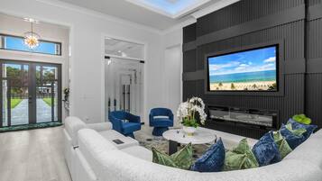 Smart TV, fireplace, video games, DVD player