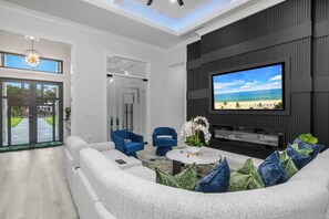 Smart TV, fireplace, video games, DVD player