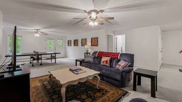 Smart TV, fireplace, table tennis, books