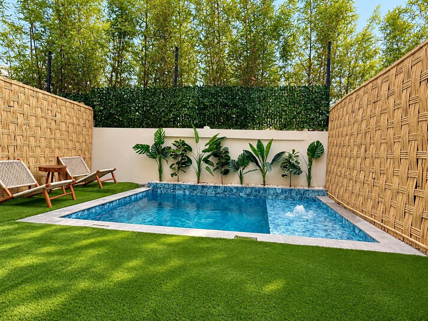 A rectangular swimming pool with a wooden fence, two lounge chairs, and tropical plants.