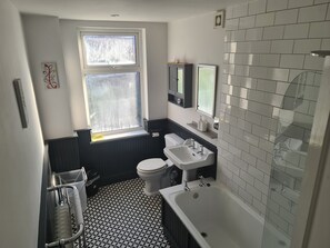 Hair dryer, towels, soap, toilet paper