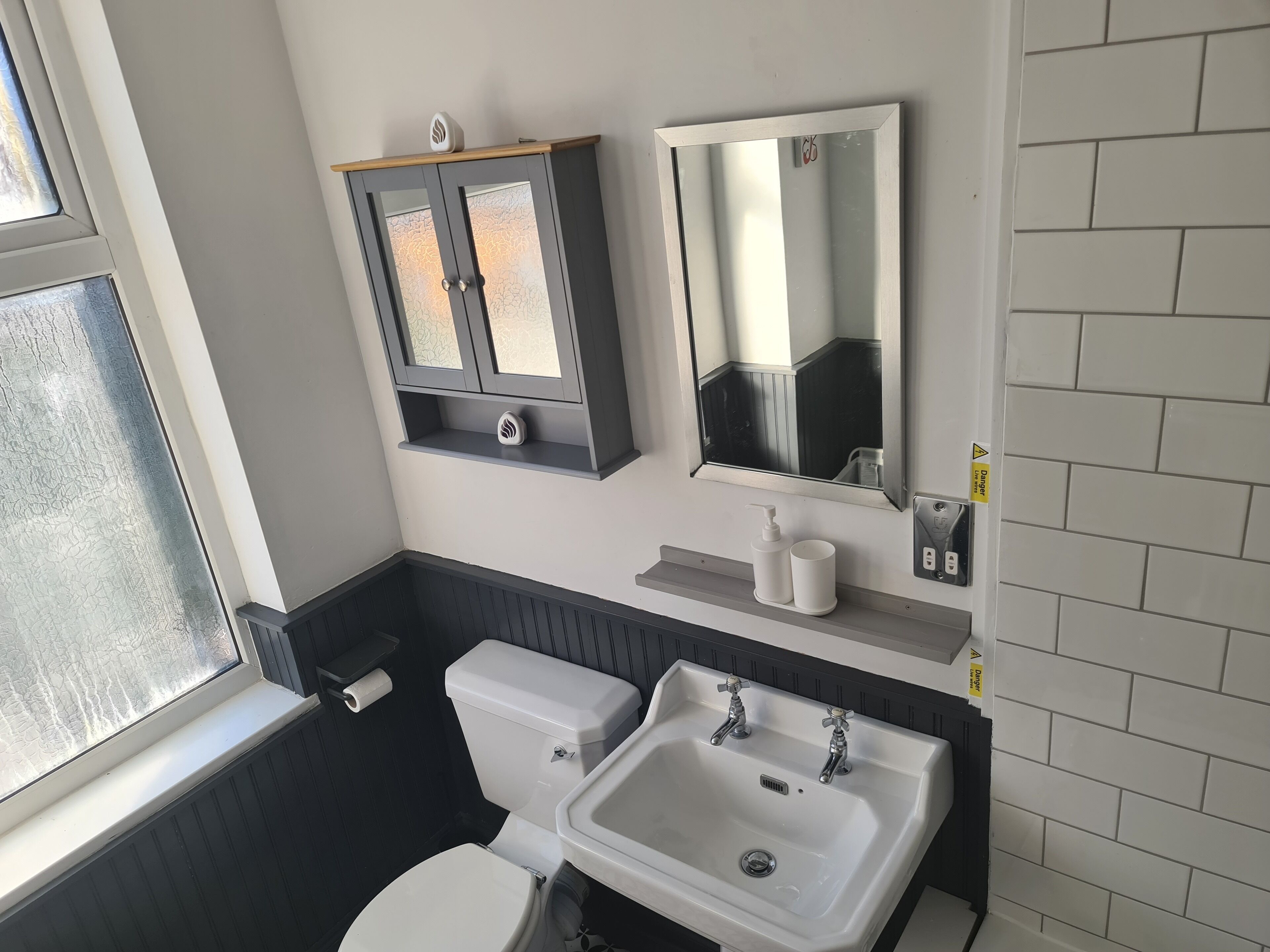 Hair dryer, towels, soap, toilet paper