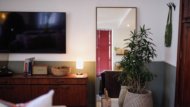 Un salón acogedor con televisor de pantalla plana, un aparador de madera, una lámpara, una planta grande en maceta y un espejo.